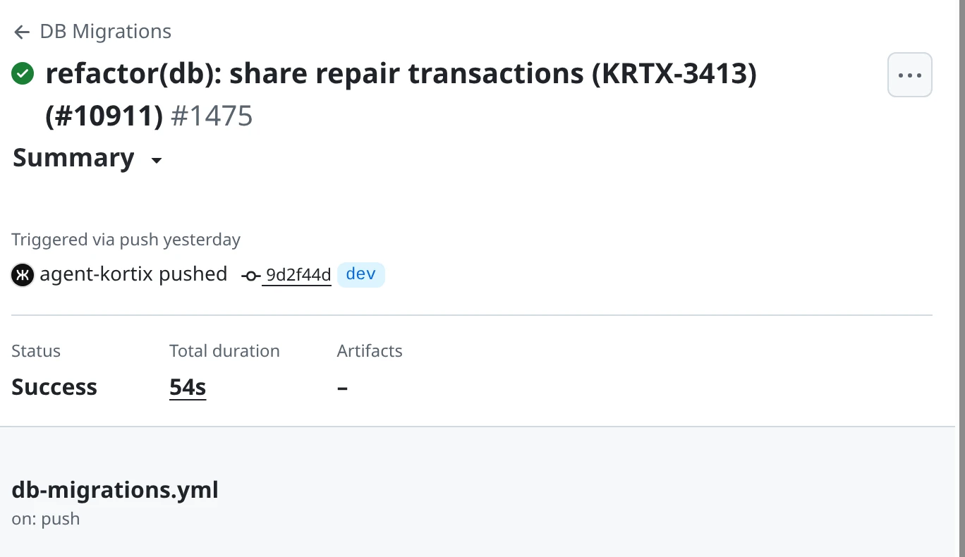 GitHub Actions run #1475 in kortix-ai/suna: the DB Migrations workflow for change request #10911, run on commit 9d2f44d for agent-kortix, concluded Success in 54s.
